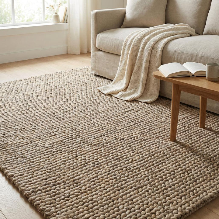 Translation missing: es.Chunky wool area rug with thick braided texture in neutral beige for cozy living rooms