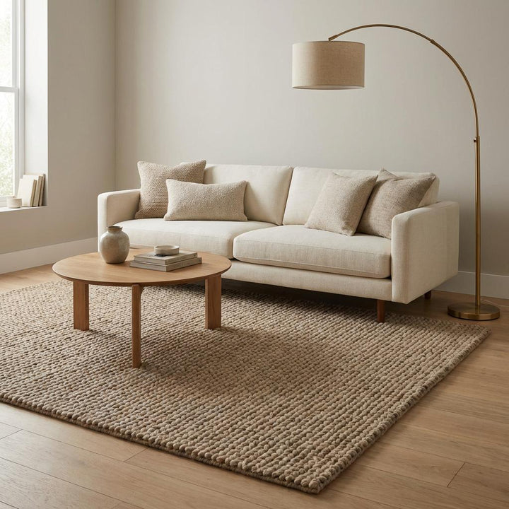 Translation missing: es.Chunky wool area rug with thick braided beige texture in cozy modern living room
