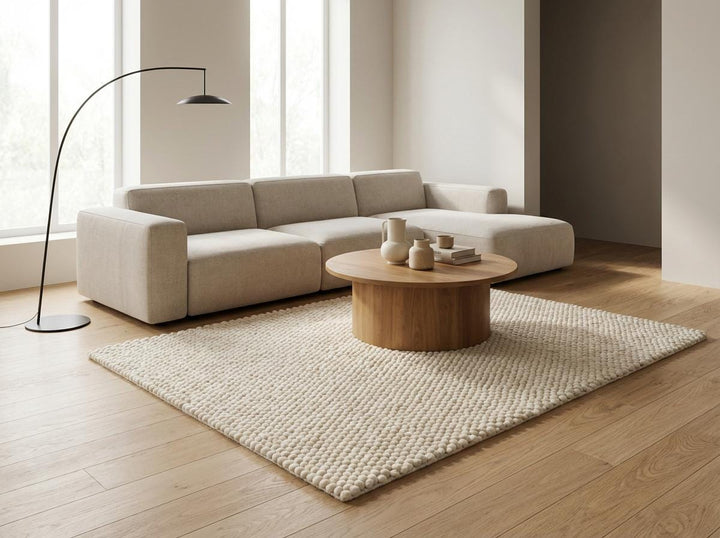 Translation missing: es.Chunky wool ivory area rug with thick textured Scandinavian design in neutral living room setting