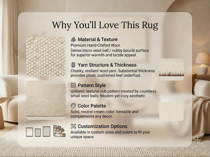 Translation missing: es.Chunky wool ivory area rug with thick oversized loops and textured Scandinavian design in a neutral living room setting