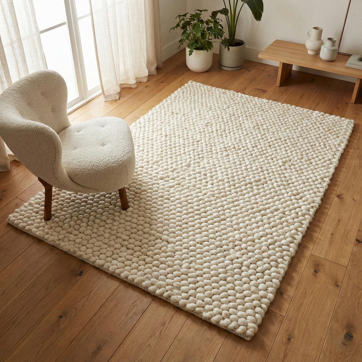 Translation missing: es.Chunky wool ivory area rug with thick textured loops in Scandinavian neutral living room setting