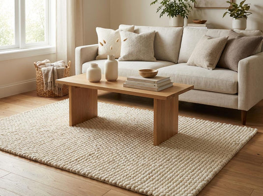 Translation missing: es.Chunky wool ivory area rug with thick, oversized loops and textured Scandinavian design in a neutral living room setting