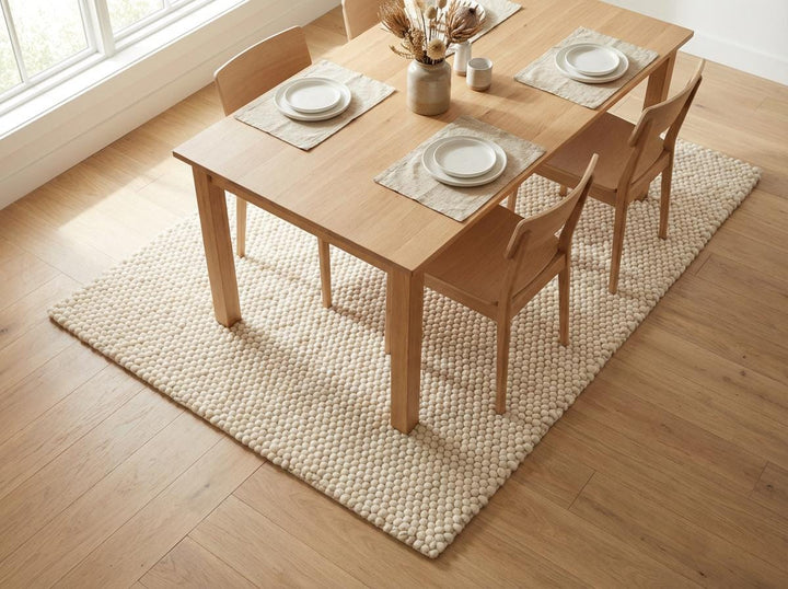 Translation missing: es.Chunky wool ivory area rug with thick textured loops in a Scandinavian neutral living room setting