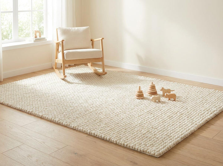 Translation missing: es.Chunky wool ivory area rug with thick textured loops in a Scandinavian neutral living room setting