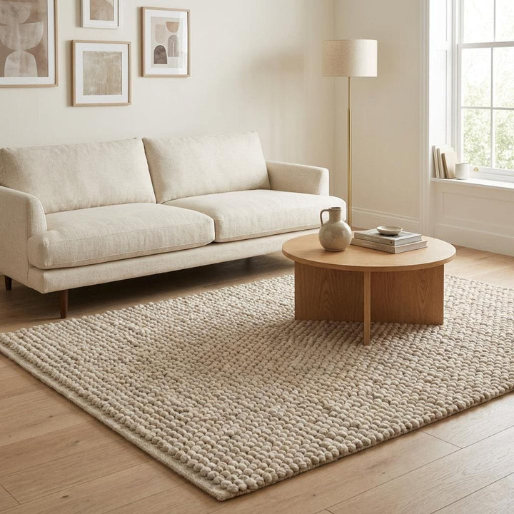 Translation missing: es.Chunky Wool Knit Neutral Area Rug, Thick Textured Loop Rug, Cozy Scandinavian Minimalist Floor Rug
