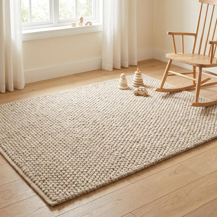 Translation missing: es.Soft neutral textured rug styled for cozy bedroom or living room décor