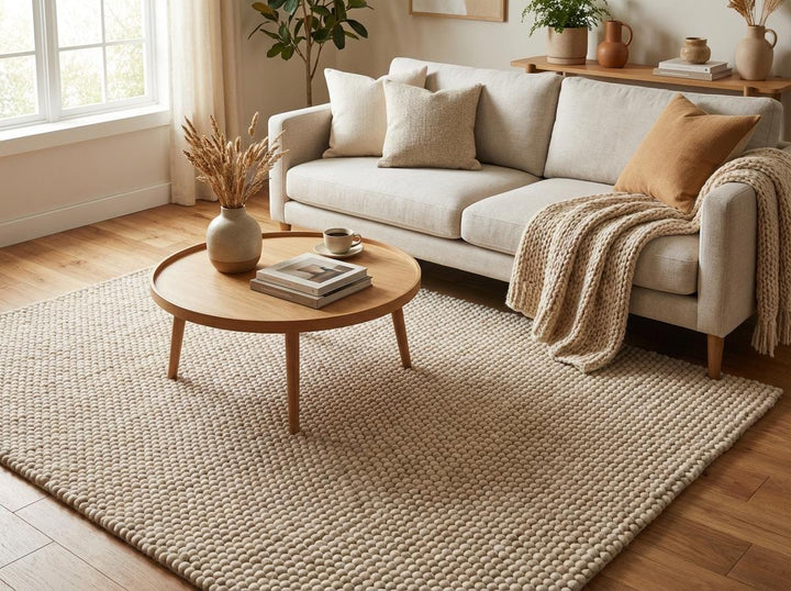 Translation missing: es.Modern organic reading nook featuring plush loop wool rug under accent chair