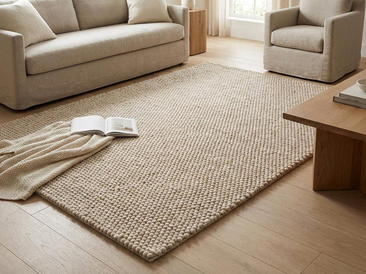 Translation missing: es.Cozy contemporary bedroom-style setting with soft neutral textured area rug
