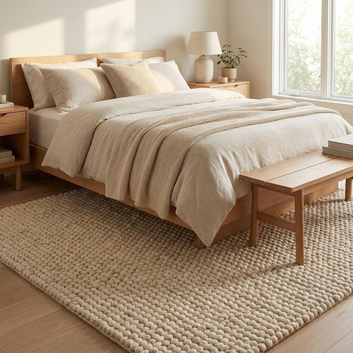 Translation missing: es.Cream chunky wool loop rug with oversized yarn loops and textured plush surface in cozy modern interior