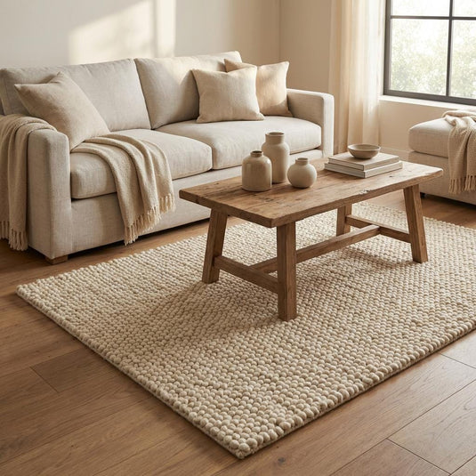 Translation missing: es.Chunky wool loop rug with oversized loops, handcrafted cream textured area rug for cozy neutral decor