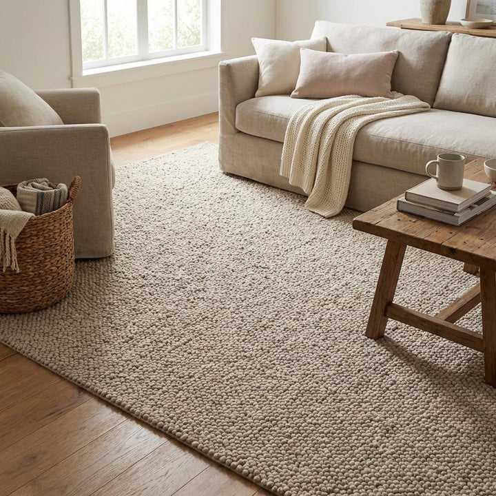 Translation missing: es.Chunky Wool Loop Rug Neutral Beige Handwoven Thick Textured Minimalist Scandinavian Area Rug Cozy Modern Home Decor