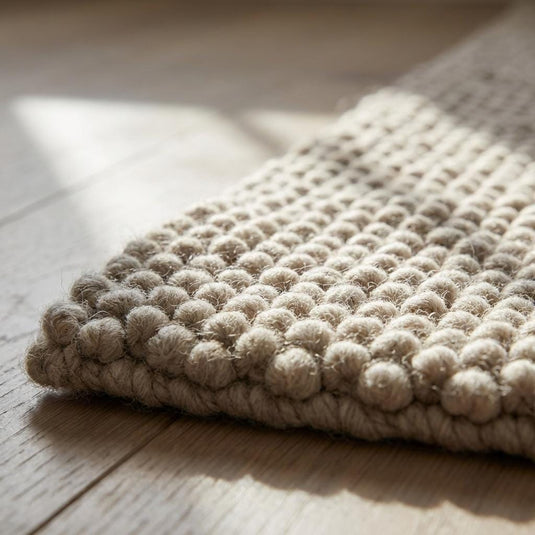 Translation missing: es.Close-up of chunky loop rug texture showing thick handwoven fibers, dense wool loops, and soft tactile surface in neutral beige tone for premium quality rug detail