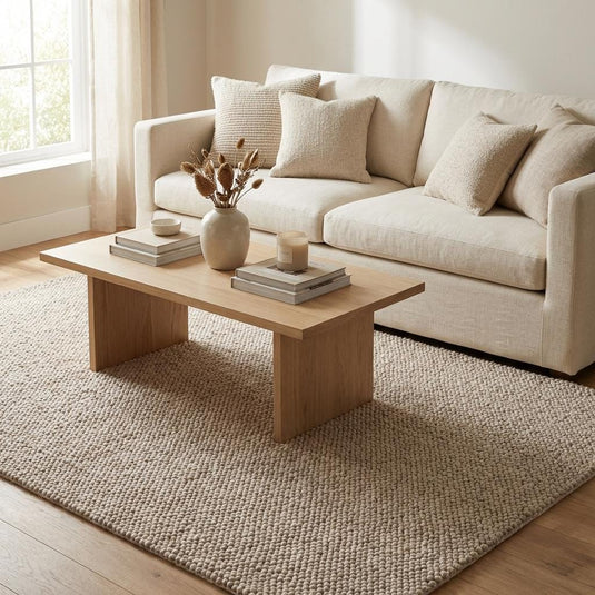 Translation missing: es.Chunky neutral rug placed in modern living room setting, textured beige wool rug complementing minimalist decor and cozy contemporary furniture