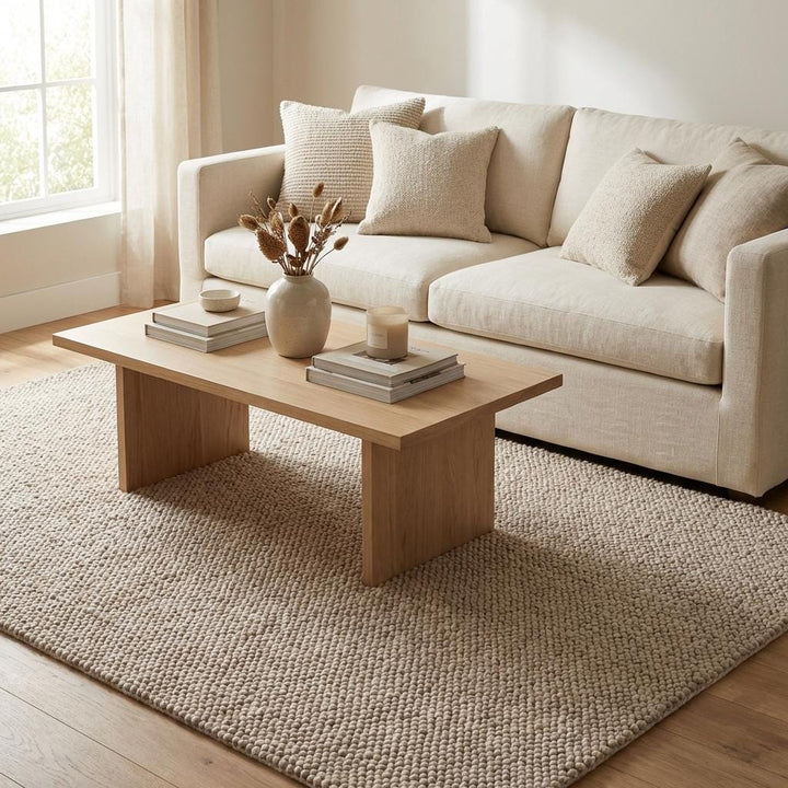 Translation missing: es.Chunky neutral rug placed in modern living room setting, textured beige wool rug complementing minimalist decor and cozy contemporary furniture