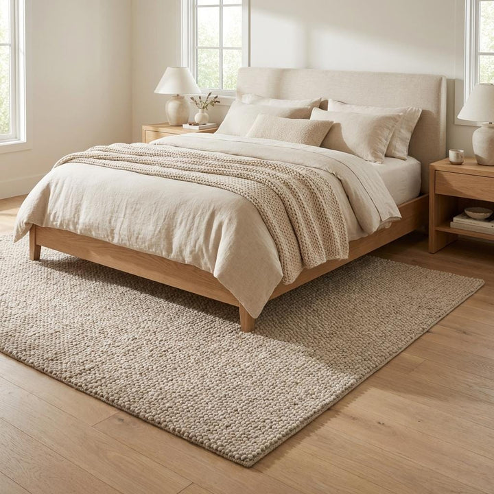 Translation missing: es.Detailed view of chunky rug edge and loop construction, showing thickness, craftsmanship, and durable woven finish of neutral textured area rug