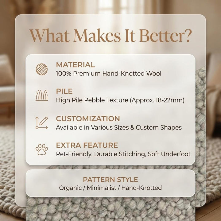 Translation missing: es.Chunky Wool Loop Rug, Textured Neutral Wool Area Rug, Handmade Pebble Carpet, Cozy Farmhouse Decor, Natural Wool Mat, Scandinavian Style