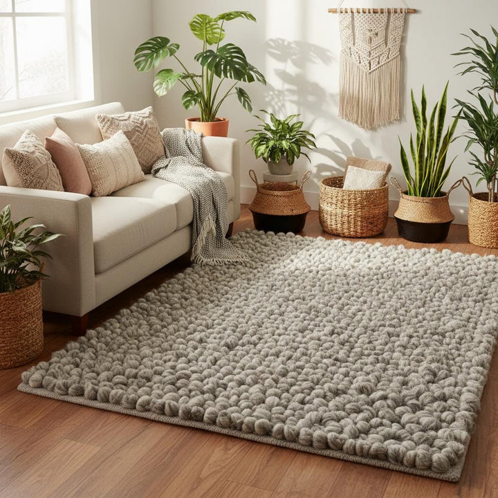 Translation missing: es.Chunky Wool Loop Rug, Textured Neutral Wool Area Rug, Handmade Pebble Carpet, Cozy Farmhouse Decor, Natural Wool Mat, Scandinavian Style