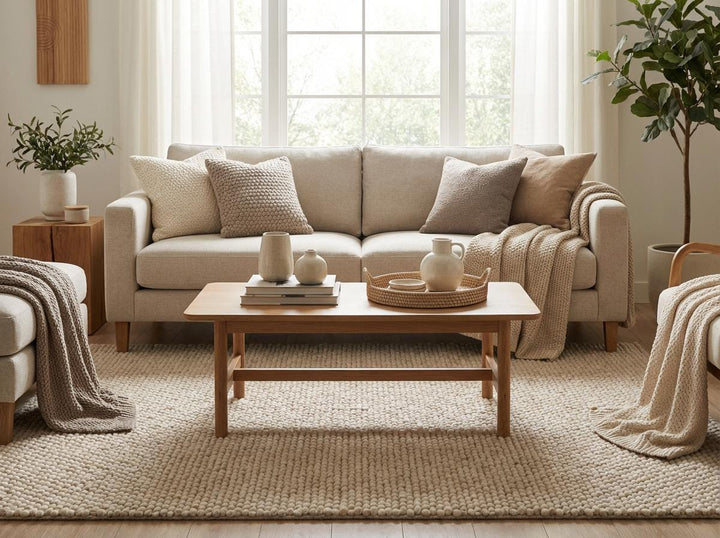 Translation missing: es.Textured surface of neutral area rug with visible loop definition