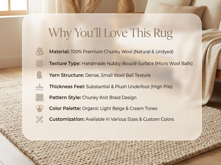 Translation missing: es.Chunky Wool Neutral Area Rug, Thick Textured Cozy Floor Rug for Modern Organic Living Spaces