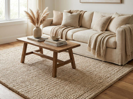 Translation missing: es.Cozy living room styling with soft chunky rug and natural light