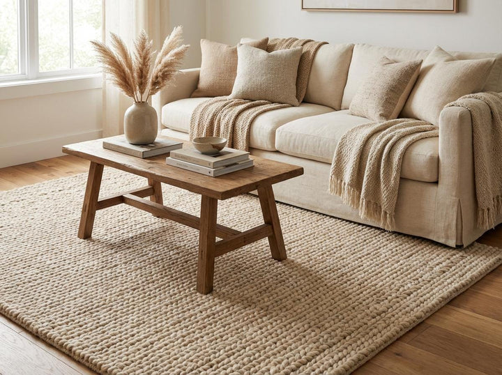 Translation missing: es.Cozy living room styling with soft chunky rug and natural light