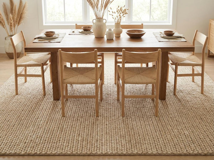 Translation missing: es.Neutral chunky rug styled in calm, minimalist interior space