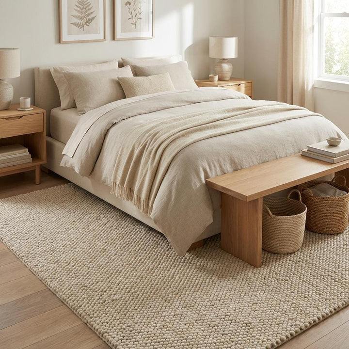 Translation missing: es.Cozy neutral rug placed in a calm bedroom setting