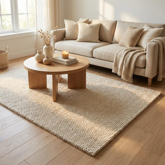 Translation missing: es.Chunky Wool Neutral Area Rug, Thick Textured Cream Floor Rug for Cozy Modern Interiors