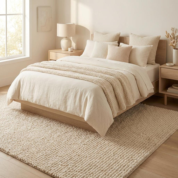 Translation missing: fr.Chunky wool pebble rug in thick ivory with soft, textured loops for cozy modern living room decor