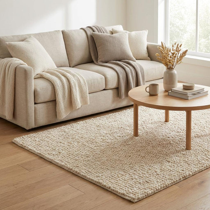 Translation missing: fr.Chunky wool pebble rug in thick ivory with textured, looped wool clusters for cozy modern living room softness