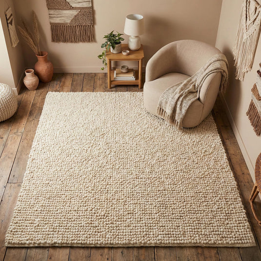 Translation missing: es.Chunky wool pebble rug with thick ivory textured loops for cozy modern living room decor
