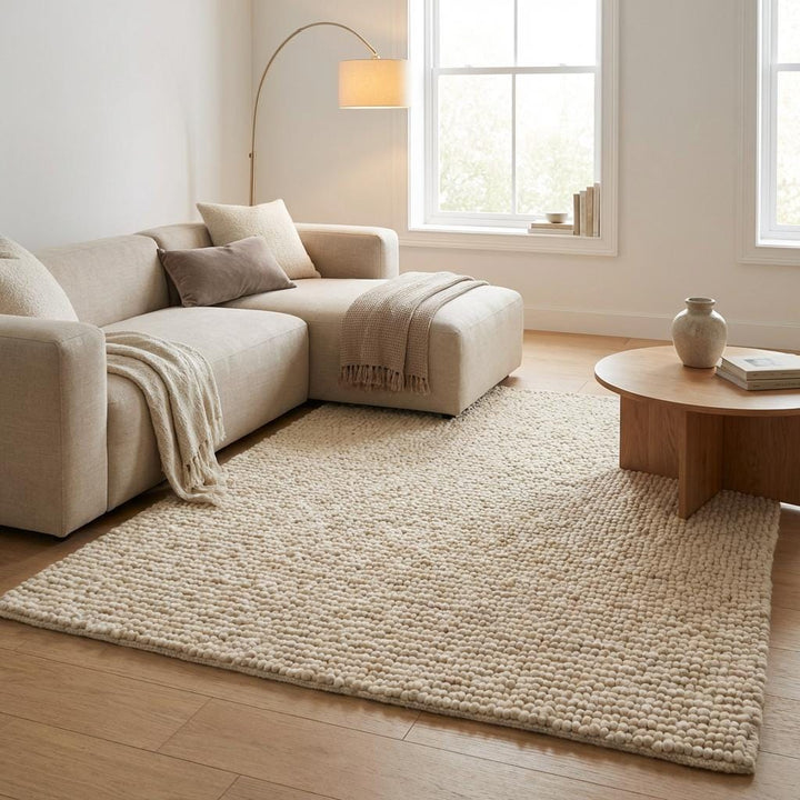 Translation missing: fr.Chunky wool pebble rug with thick ivory textured loops for cozy modern living rooms