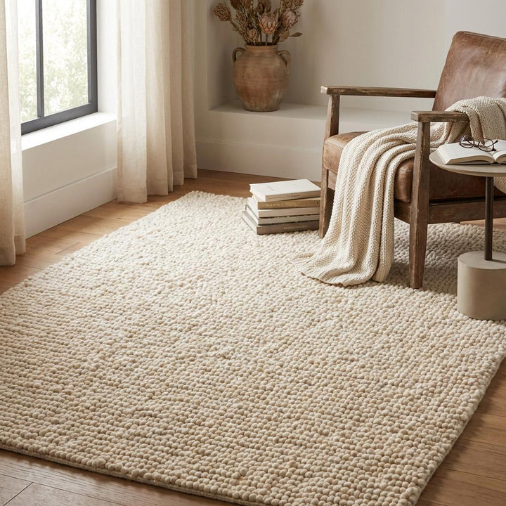 Translation missing: fr.Chunky wool pebble rug with thick ivory textured loops for cozy modern living room decor