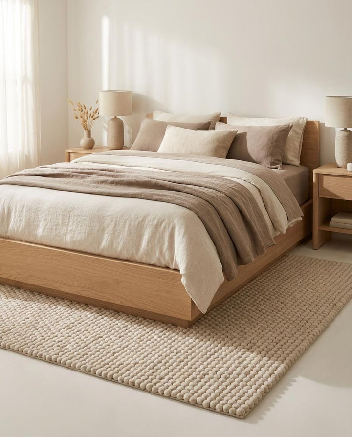 Translation missing: es.Textured wool pom pom rug for boho home decor, soft underfoot and perfect as nursery or bedroom accent rug
