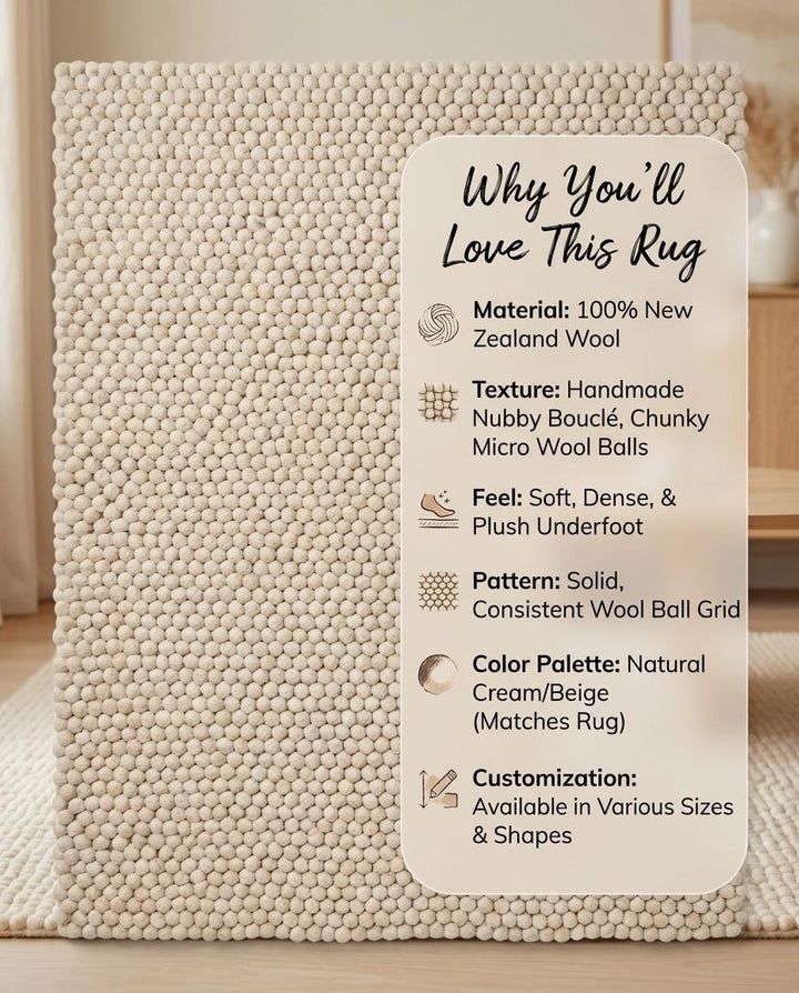 Translation missing: es.Chunky Wool Pom Pom Rug, Handmade Wool Ball Carpet, Cozy Neutral Boho Nursery Rug, Soft Textured Area Rug