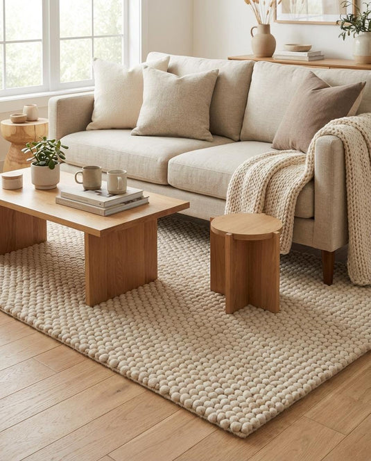Translation missing: es.Neutral chunky wool rug with pebble-like pom pom design adding soft texture to Scandinavian style interior
