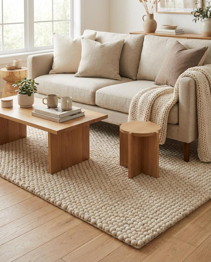 Translation missing: es.Neutral chunky wool rug with pebble-like pom pom design adding soft texture to Scandinavian style interior