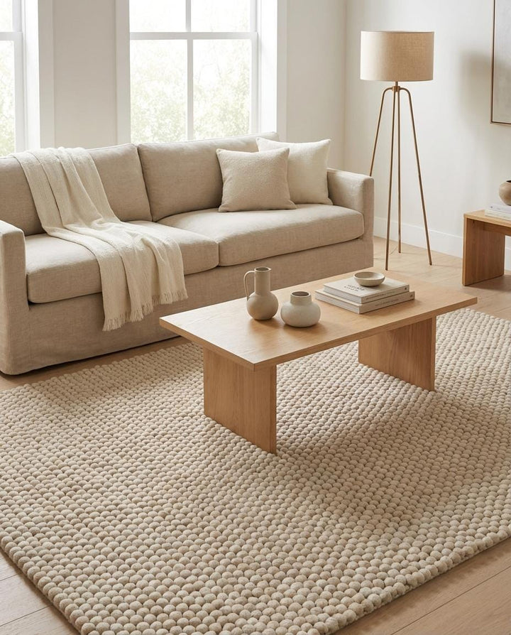 Translation missing: es.Handmade chunky wool ball carpet in beige tone styled beside furniture in modern minimalist living space