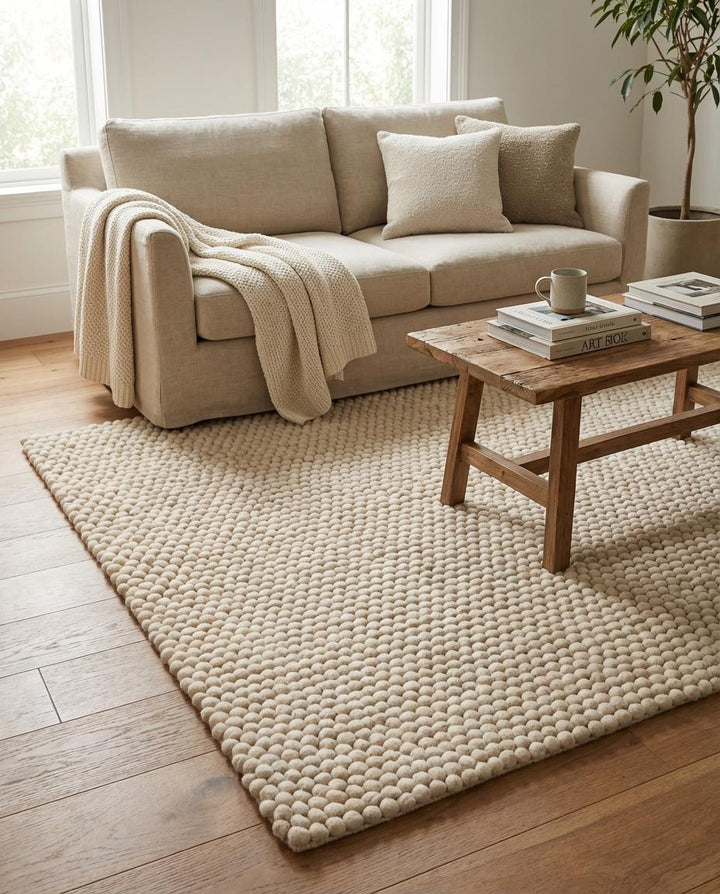 Translation missing: es.Chunky Wool Pom Pom Rug, Handmade Wool Ball Carpet, Cozy Neutral Boho Nursery Rug, Soft Textured Area Rug