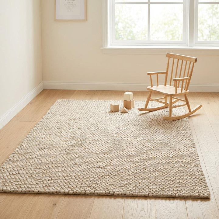 Translation missing: es.Chunky Wool Rug Handmade Cream Loop Pile Area Rug Thick Textured Neutral Boho Cozy Floor Carpet