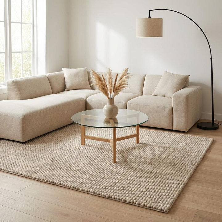 Translation missing: es.Chunky Wool Rug Handmade Cream Loop Pile Area Rug Thick Textured Neutral Boho Cozy Floor Carpet