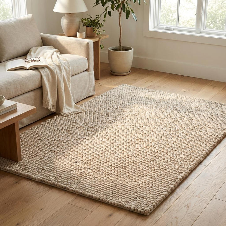 Translation missing: es.Chunky Wool Rug Handmade Cream Loop Pile Area Rug Thick Textured Neutral Boho Cozy Floor Carpet