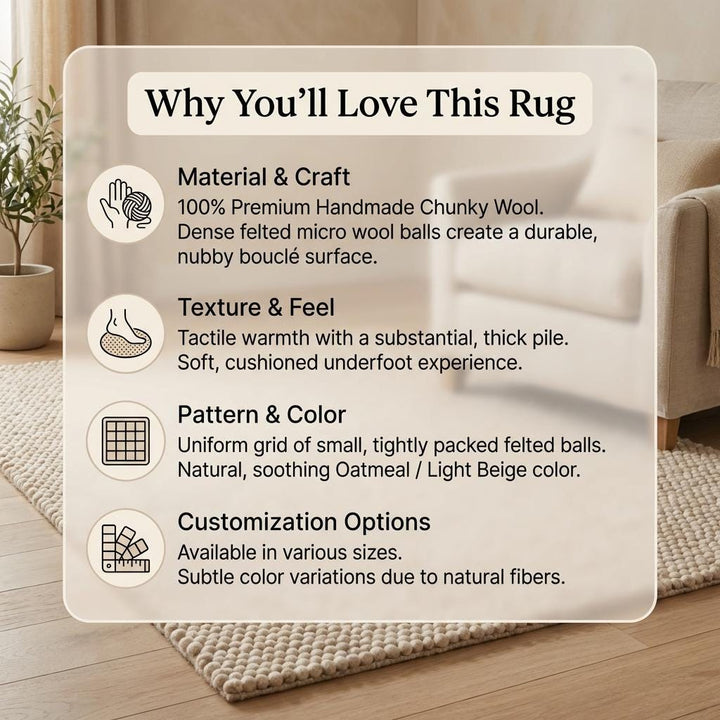 Translation missing: es.Chunky Wool Rug Handmade Cream Loop Pile Area Rug Thick Textured Neutral Boho Cozy Floor Carpet