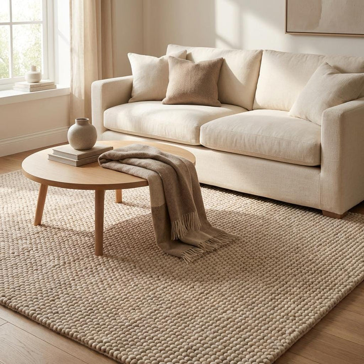 Translation missing: es.Neutral chunky wool rug placed in a cozy living room setting, adding warmth, texture, and soft comfort to modern interior decor