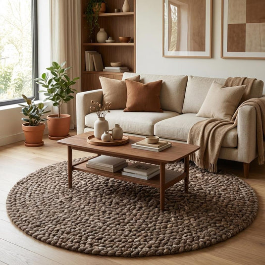 Translation missing: es.Thick handmade wool rug with looped knit design perfect for cozy bedroom or rustic home decor