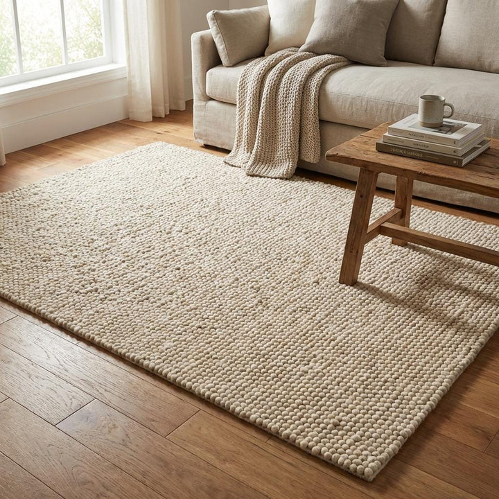 Translation missing: es.Chunky Wool Rug – Handwoven Cream Area Rug, Thick Textured Neutral Living Room Carpet, Scandinavian Modern Decor, Cozy Bedroom Nursery Rug