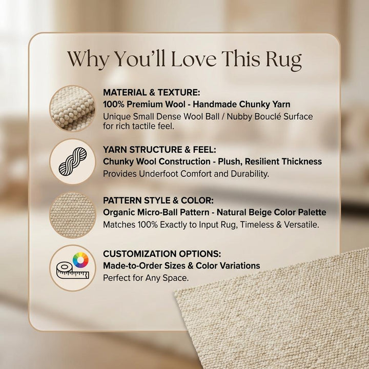 Translation missing: es.Chunky Wool Rug – Handwoven Cream Area Rug, Thick Textured Neutral Living Room Carpet, Scandinavian Modern Decor, Cozy Bedroom Nursery Rug