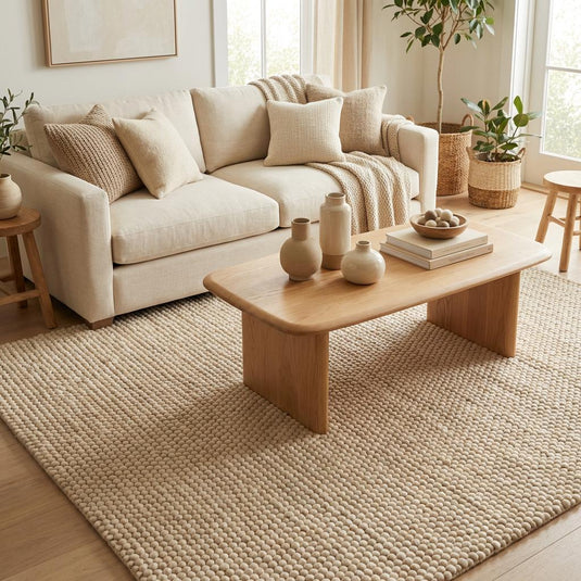 Translation missing: es.Neutral chunky wool carpet with pebble weave design ideal for minimalist and Japandi interiors