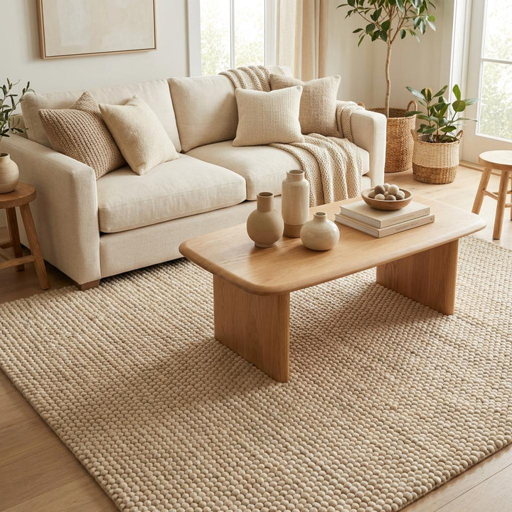 Translation missing: es.Neutral chunky wool carpet with pebble weave design ideal for minimalist and Japandi interiors