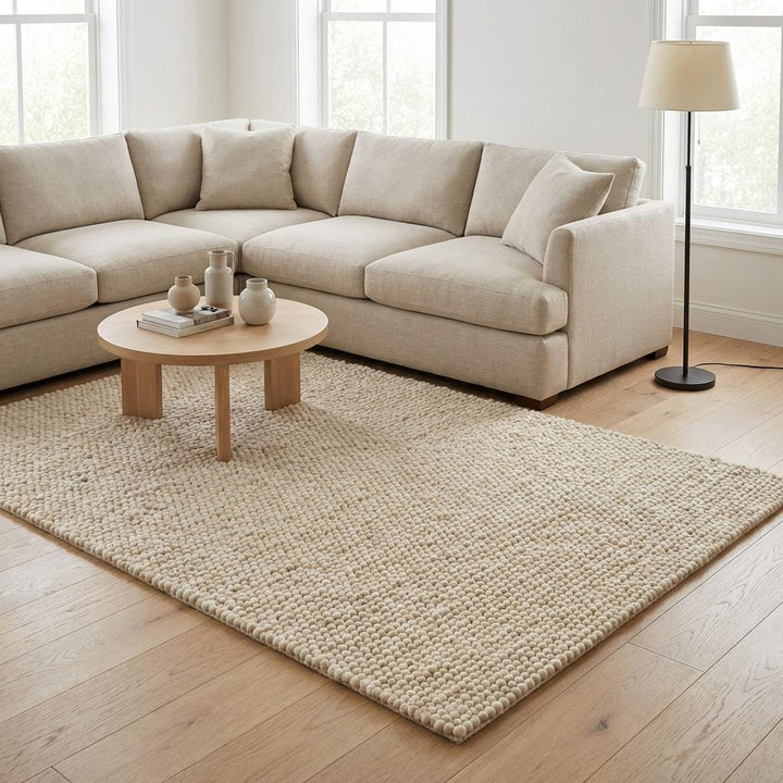 Translation missing: es.Scandinavian modern chunky wool rug adding cozy hygge aesthetic to neutral home decor space
